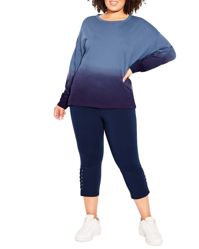 Front of a model wearing a size 16 LEGGING EYELET DETAI in Navy by avenue. | dia_product_style_image_id:293416